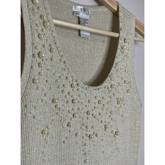 Cache Women's Large Cream Metallic Pearl Detail Sleeveless Ribbed Tank Top VTG - Picture 4 of 5